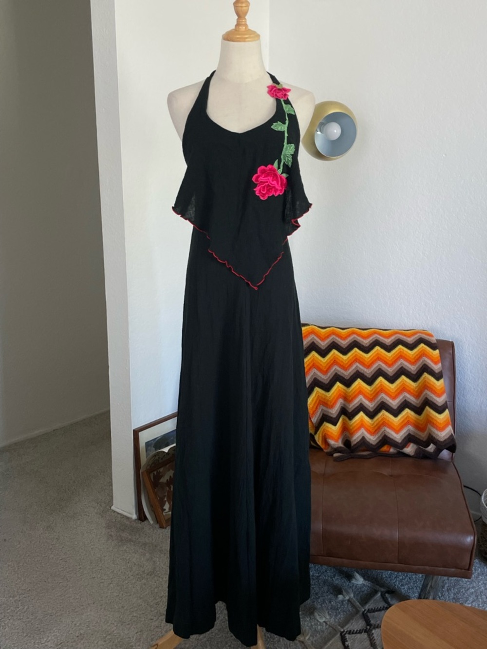 Vintage 1970s Young Edwardian by Anpeja Boho Rose Floral Halter Dress